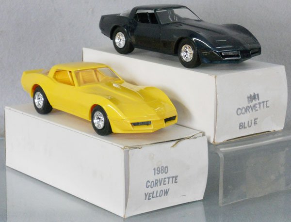 2 MPC CHEVY CORVETTE PROMOS: plastic, 1980 yellow, 1981 blue, orig boxes, C9.