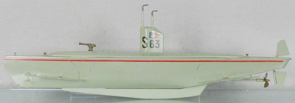 GIL SUBMARINE S-63: French, ca 1965, painted tin, battery operated, not tested, some paint wear from fins, 26" long, C5.