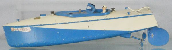 JEP RUBAN BLUE NO. 1 SPEEDBOAT: ca 1955, painted tin, windup working, minor decal chips, 13 1/2" long, C5-6.