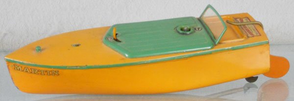 HORNBY SPEEDBOAT MARTIN: ca 1965, painted tin, windup working, 8 1/2" long, C7.