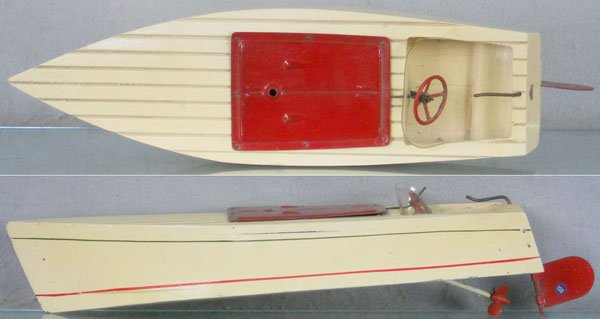 TRIANG SPEEDBOAT: ca 1965, painted wood, windup working, 16" long, C6-7.