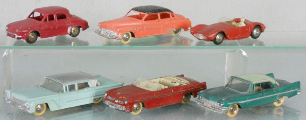 6 DINKY VEHICLES: FR24E Renault Dauphine, FR24V Buick Roadmaster, FR22A Maserati, FR532 Lincoln Premiere, FR24A Chrysler New Yorker, FR545 DeSoto Diplomat, all heavily playworn, C2-4.
