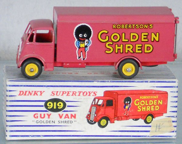 DINKY 919 GOLDEN SHRED GUY VAN: 1 side has fading paint, orig box minor wear, w/taped on price sticker, C8.