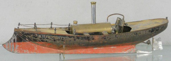 WEEDEN LIVE STEAM LAUNCH GLOUCESTER: ca 1890, painted tin, 20" long, heavy paint wear, C3-4.