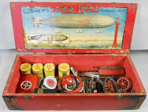 ERECTOR #8 TRAIL BLAZING ZEPPELIN SET: pressed steel, appears complete w/all major parts to make zeppelin, mooring mask & White truck, cloth zeppelin has minor wear & some aging, 1 tire missing rubber tread, orig box & label minor wear, C5