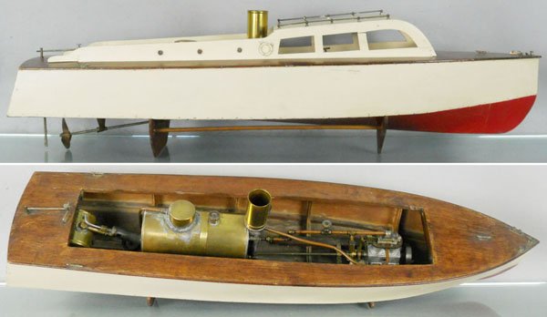 BOUCHER LIVE STEAM LAUNCH STREAMLINE SPEEDSTER: ca 1940, wood w/live steam power plant, 42" long, w/engine, boiler & blow torch, w/stand, this boat is shown on page 83 of 1944 catalog, catalog included in lot, C6-7.