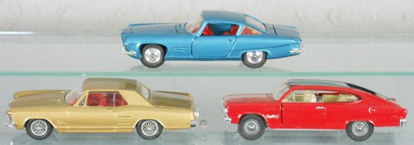 3 CORGI AUTOS: 241 Ghia Chrysler, 245 Buick Riviera, tires cracking, 263 Rambler Marlin, car sits unevenly, C7-8.