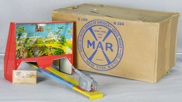 MARX NATIONAL DEFENSE TARGET GAME: litho tin, 21" by 11" by 13", working, w/target balls, orig box minor wear, C7-8.