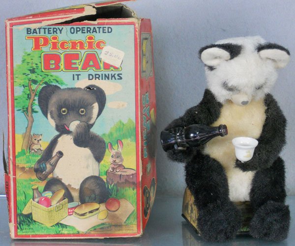 ALPS PICNIC BEAR: plush & litho tin, battery operated not working, 10" tall, orig box rough, C8.
