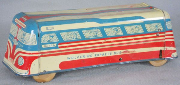 WOLVERINE EXPRESS BUS: litho tin, friction working, 14" long, some wear marks, C5.