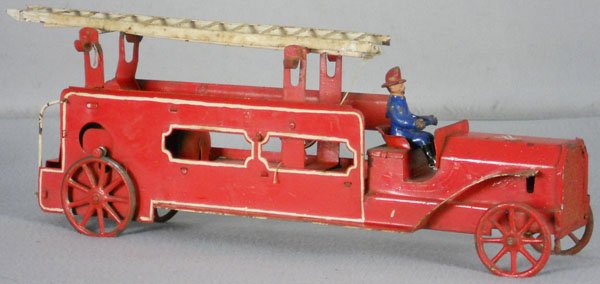 HILLCLIMBER FIRE ENGINE: painted pressed steel, 19 1/2" long, missing steering wheel & 2 ladders, old repaint, C4-5.