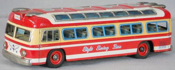 YONEZAWA SIGHTSEEING BUS: litho tin, friction working, 18" long, trim tarnished, C5-6.
