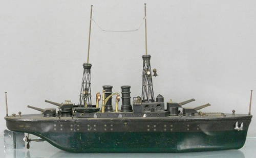 ORKIN BATTLESHIP NEW YORK: ca 1914, painted pressed steel, windup working, 25" long, some reproduction trim parts, C5-6.