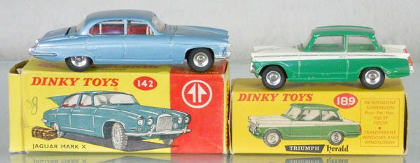 2 DINKY AUTOS: 142 Jaguar Marx X, luggage in trunk, orig box rough, C8, 189 Triumph Herald, paint worn on high spots, orig box worn, C6.
