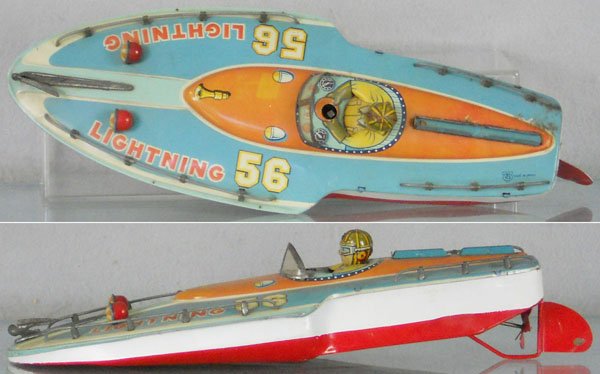 SATO LIGHTNING 56 HYDROPLANE: Japan, litho tin, windup working, 14" long, C5-6.