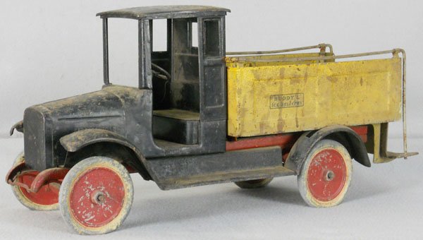 BUDDY L 207 ICE TRUCK: painted pressed steel, 27" long, surface oxidation overall, fenders bent, decals worn, C2-3.