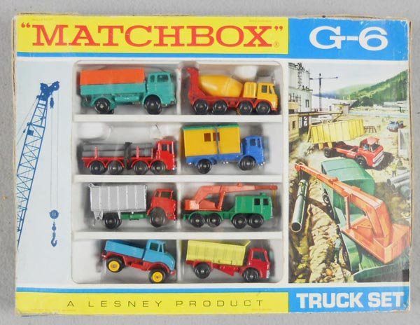 MATCHBOX G6B3 TRUCK GIFT SET: contains 1E1, 21D1, 10D1, 60B1, 26C1, 30C2, 49B2, 70B2, orig box worn, C5-9.