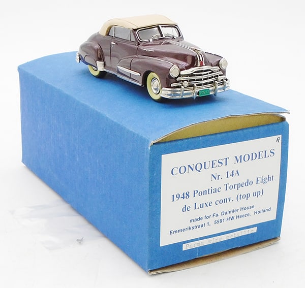 CONQUEST MODELS #14A 1948 PONTIAC TORPEDO EIGHT CONV.: white metal, Parma Wine metallic, mirror in bag, orig box & insert, C9.