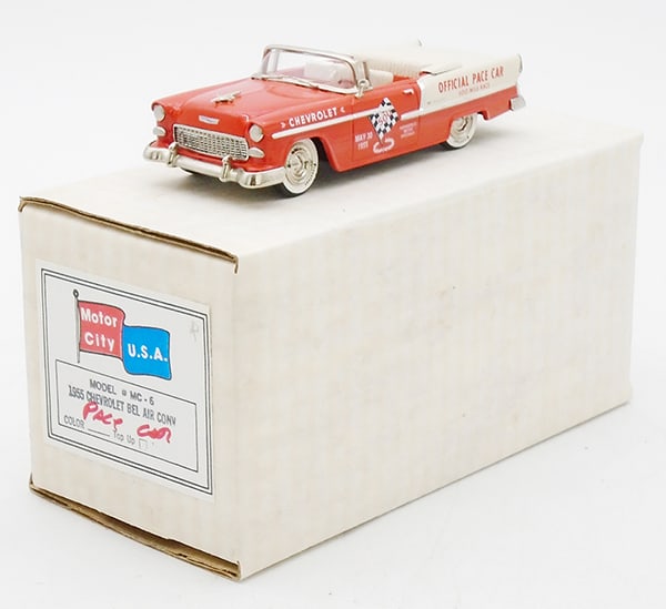 MOTOR CITY MC-6 1955 CHEVROLET PACE CAR: white metal, orange & cream, orig box & insert, C9.