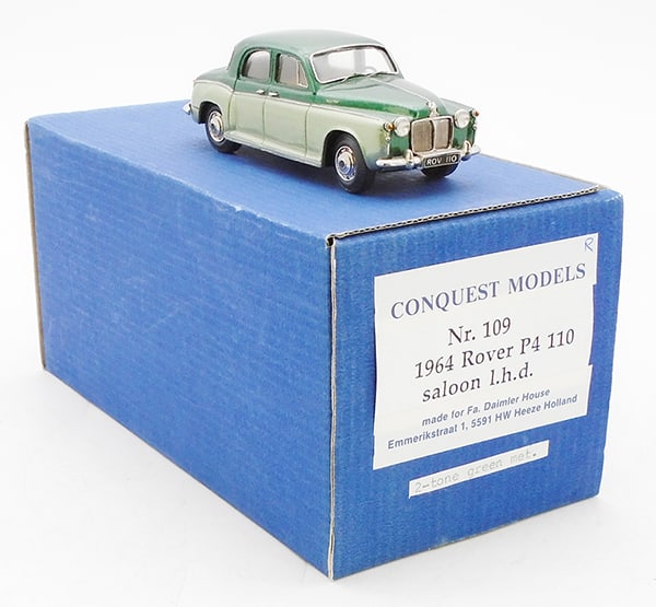CONQUEST MODELS #109 1964 ROVER P4 SALOON: white metal, 2-tone green metallic, orig box & insert, C9.