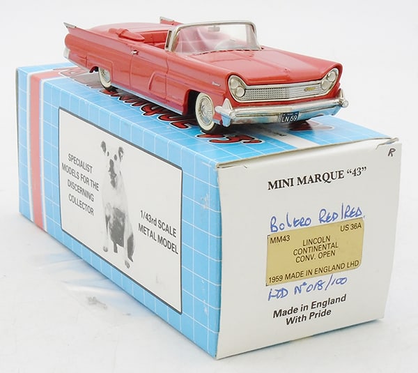 MINI MARQUE US36A 1959 LINCOLN CONTINENTAL: white metal, Bolero red, trim in bag, orig box & insert, C9.