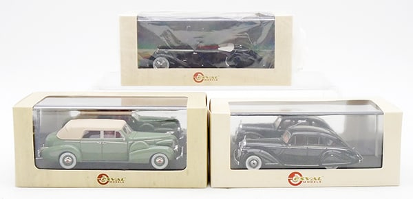 3 ESVAL MODELS: resin, EMEU43023A 1939 Delage DG-70 Cabriolet, black, #116 of 150, factory sealed, EMUS43007B 1939 Cadillac Fleetwood, green, EMEU43008A 1948 Invicta Black Prince Saloon, black, #140 of 250, orig boxe