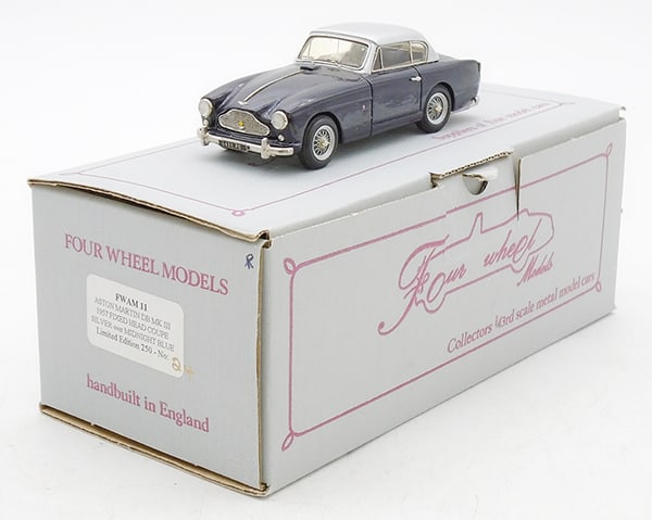 FOUR WHEEL MODELS FW AM 11 1957 ASTON MARTIN: white metal, 1957 Aston Martin DB MK III FHC, silver & midnight blue, #24 of 250, orig box & insert, C9.