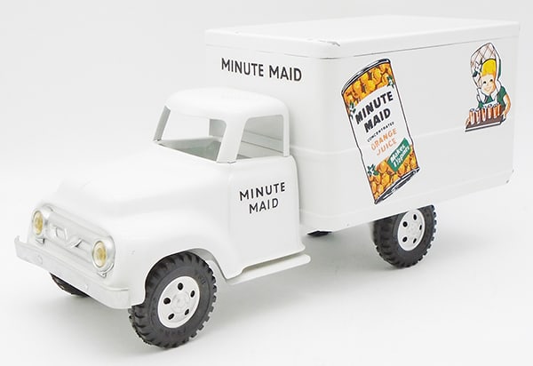 TONKA 1956 MINUTEMAN BOX VAN: painted pressed steel, 14 1/2", paint chips on top of box edge, restored, C9.