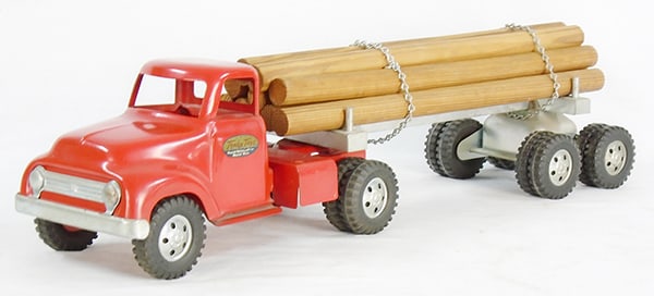TONKA 1955 LOG TRUCK: painted pressed steel, red, 23 1/2" long, C8.