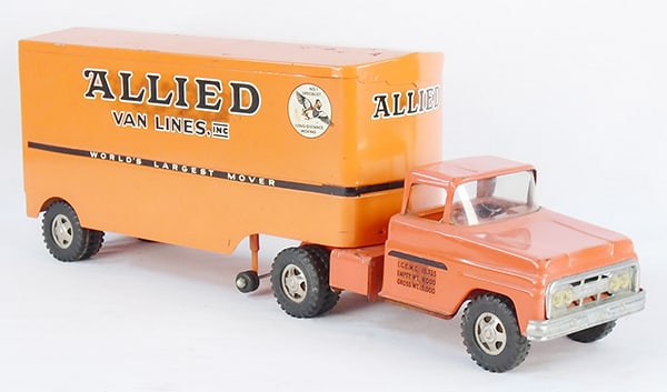 TONKA 1962-63 #38 ALLIED MOVING VAN: painted pressed steel, orange, 25" long, minor decal wear, C7.