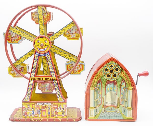 2 CHEIN TOYS: litho tin, 172 Hercules Ferris Wheel, 17", windup not working, 130 Organ, working, 9 1/2" tall, C7-8.