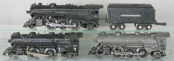 LIONEL LOCO LOT: O ga, 225E loco, 238E tender, coupler modified, 229 loco, 224 loco, both have bent cowcatcher steps, C5.