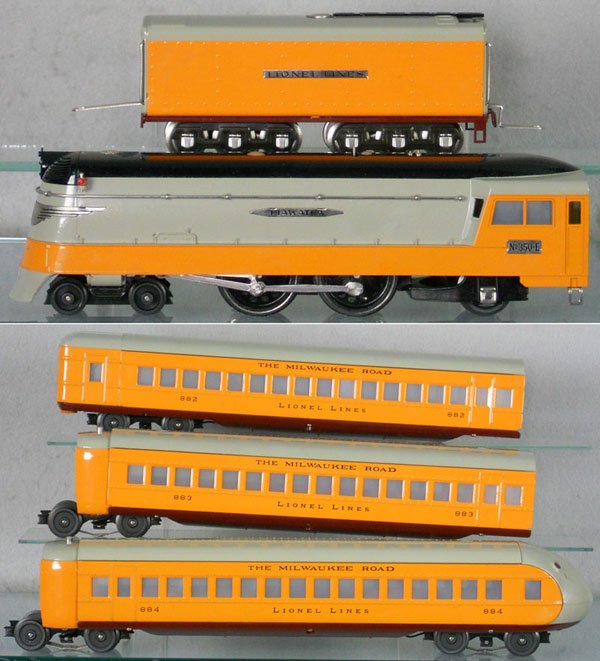 LIONEL HIAWATHA TRAIN SET: O ga, 350E loco, 350W tender, 882 front-end coach, 883 Pullman, 884 obsv, C8.