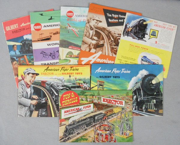 8 AMERICAN FLYER CATALOGS: 1949, 1952, 1953, 1953, 1954, stapled, 1959/60, 1962, 1963, C6-8.