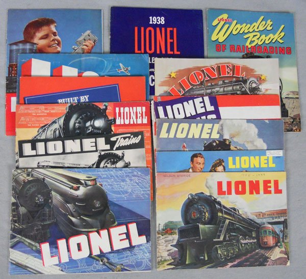 13 LIONEL CATALOGS: 1936, 1937 black & white, 1937, 1938, 1938 w/price list, 1939, 1940, 1942, cover loose, 1943 Wonder Book, 1946, 1947, 1948, 1949, C6-8.