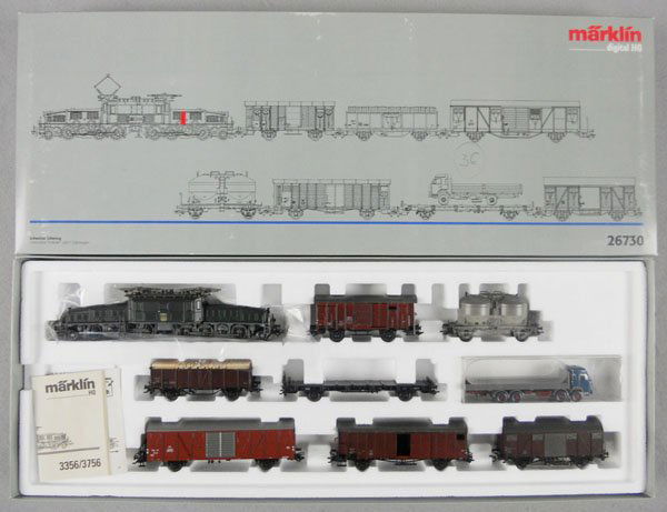 MARKLIN 26730 SWISS TRAIN SET: HO ga, electric loco w/7 freight cars, orig box & insert, C9.