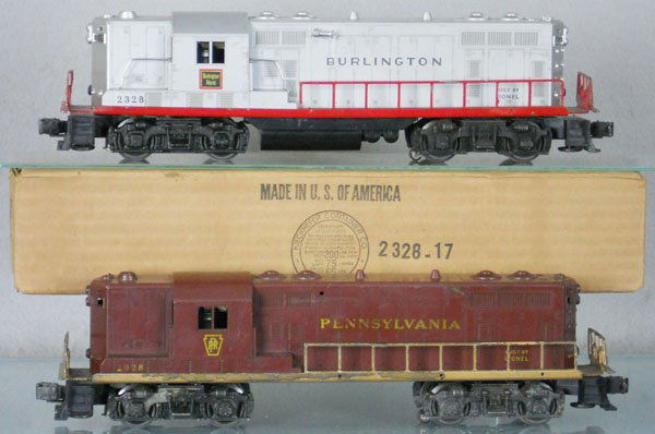 2 LIONEL GP7 DIESELS: O ga, 2328 Burlington, frame sides touched up, orig box, 2028 PRR, rubberstamping weak, frame sides touched up, C5.