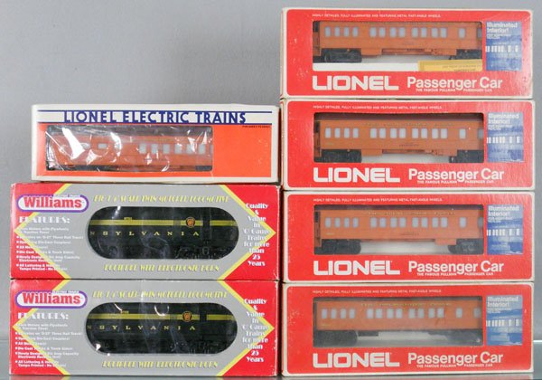 WILLIAMS LIONEL TRAIN SET: O ga, Williams 9731 & 9732 PRR sharknose locos w/Lionel cars 9501, 9504, 9505, 9501, 19003, orig boxes minor wear, C7-8.