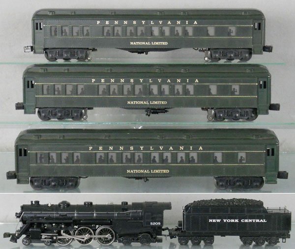 WILLIAMS TRAIN SET: O ga, 5205 Hudson loco, boiler front jewel housing broken, w/sound tender, missing 1 step, w/3 PRR Madison cars, C5-6.