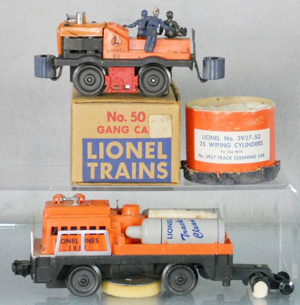 2 LIONEL MOTORIZED UNITS: O ga, 50 gang car, orig box, 3927 track cleaning car, 3927-50 wiping cylinders, missing top, C5-6.