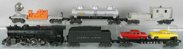 LIONEL TRAIN SET: O ga, 675 loco, label on boiler front, 6466WX tender, chip on coal load, 6424 auto car, 6520 searchlight car, 6415 Sunoco tank, 6419 work caboose, C5-6.