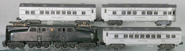 LIONEL TRAIN SET: O ga, 2332 PRR GG1, all stripes & lettering worn off, 2421 Maplewood, 2422 Chatham, 2423 Hillside, C4-5.