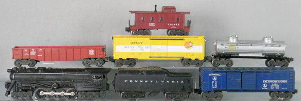 LIONEL TRAIN SET: O ga, 671 turbine loco, 2671W tender, w/paint chips, 6468 box car, steps chipped, 6462 gondola, 6464-500 Timken box car, 6465 tank car, 6357 caboose, C5-6.