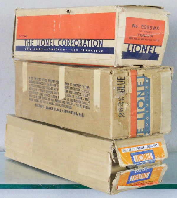 3 EMPTY LIONEL ORIG BOXES: O ga, 763, w/cotton wrap, 263E blue, w/insert, some tape, 2226WX, insert worn, C5.