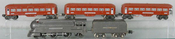 LIONEL TRAIN SET: O ga, 238E loco, 265W tender, 2 #2642, 1 has a postwar truck, 2643 obsv, C5-6.