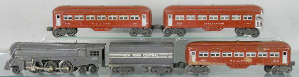LIONEL TRAIN SET: O ga, 221 loco, 221W tender, minor decal wear, 2442 Pullman, 6442 Pullman, 1 side has oxidation spots, 2443 obsv, C5.
