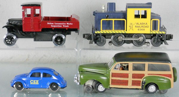 4 MOTORIZED UNITS: O ga, Lionel 8368 Alaska RR, 68 Inspection car w/woody wagon body, Czech Republic VW Beetle, Delton Inspection Truck, std ga, C5-7.