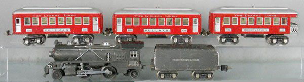 LIONEL TRAIN SET: O ga, 249E loco, cab roof repainted, 265W tender, 2 #610 Pullmans, 612 obsv, dent in roof, C5.