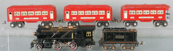 LIONEL TRAIN SET: O ga, 262 loco, cowcatcher chipped, 262T tender, 2 #603 Pullmans, 604 obsv, cars have chipping paint, C4-5.