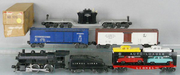 LIONEL TRAIN SET: O ga, 1615 loco, orig box worn, 1615T tender, 6414 auto-loader, 6468 B&O box car, 3662 milk car, 6518 transformer car, insulator broken, C5-6.